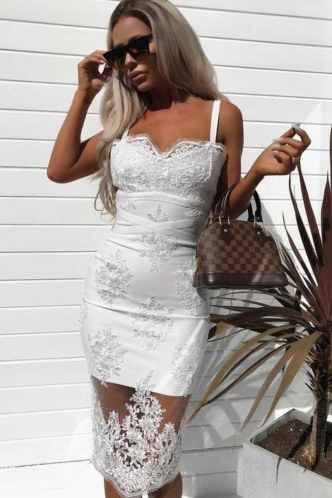 White Spaghetti Homecoming Dresses Janice Lace Straps Embroidery Sexy Bodycon Midi HE22931