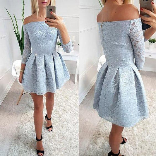 Light Blue Off Shoulder Long Sleeve Simple Homecoming Dresses Lace Ayana HE23169